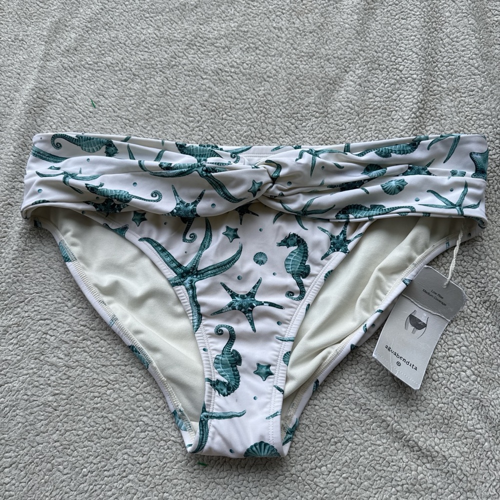 Agua Bendita White Bikini Bottoms with Teal Sea Life Print